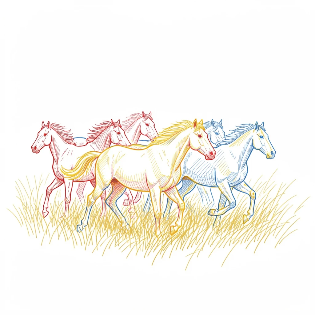 A herd of wild horses running through knee-deep golden grass