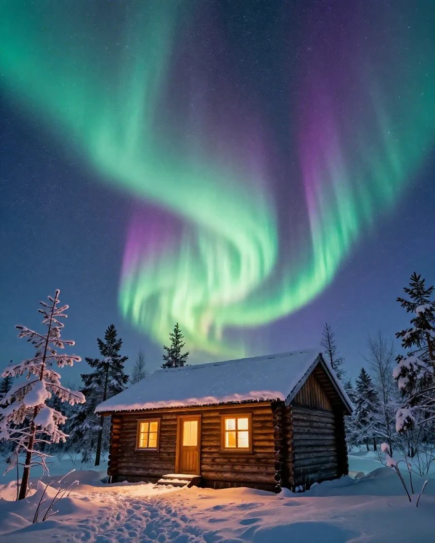 The Northern Lights spiraling over a lone cabin in Lapland