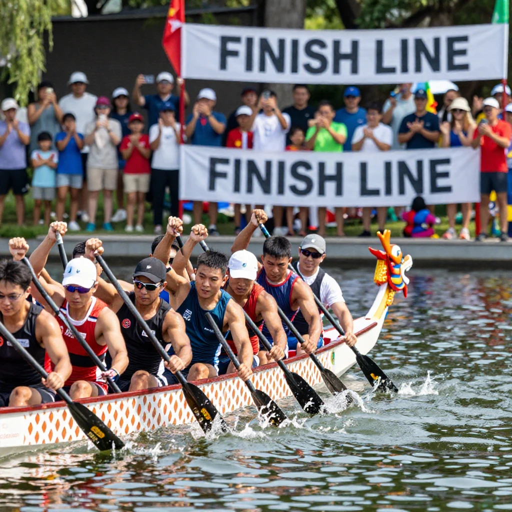 A crowd cheers as a dragon boat team paddles hard toward a finish line banner.