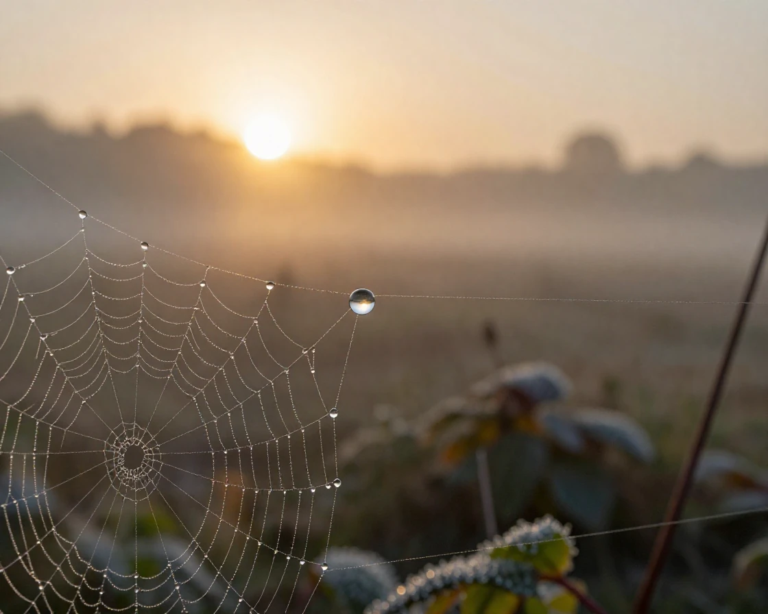 A single dewdrop clinging to the edge of a spider's web at dawn