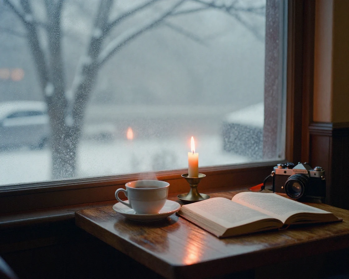 A cozy café corner with a steaming cup beside an open book, under flickering candlelight, in thick rolling fog, in the depths of winter, in vivid coral and turquoise hues, from a wide establishing view.