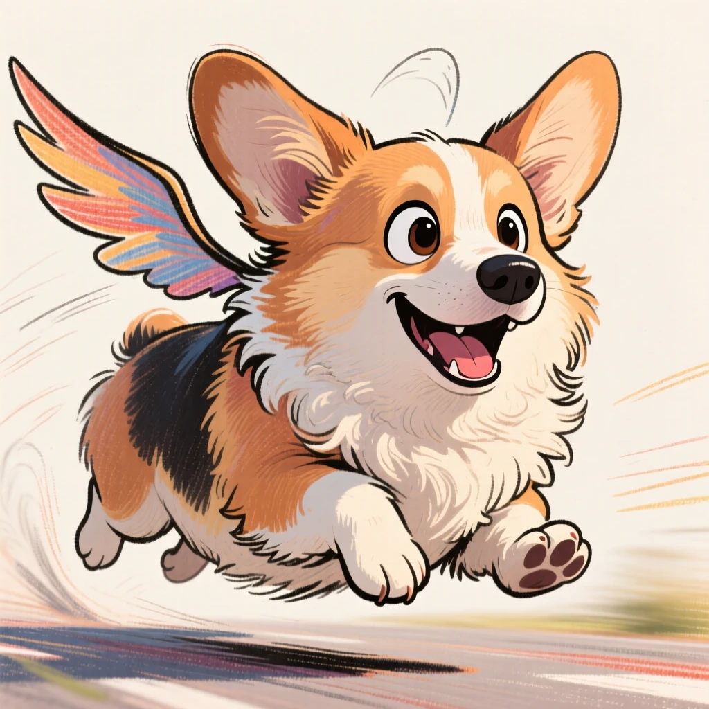 A fluffy corgi with stubby legs running full speed, ears flapping in the wind.
