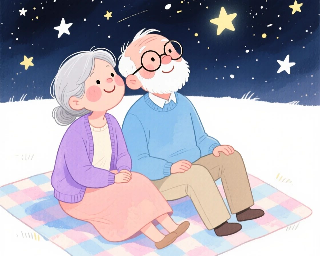An elderly couple still deeply in love stargazing side by side on a picnic blanket