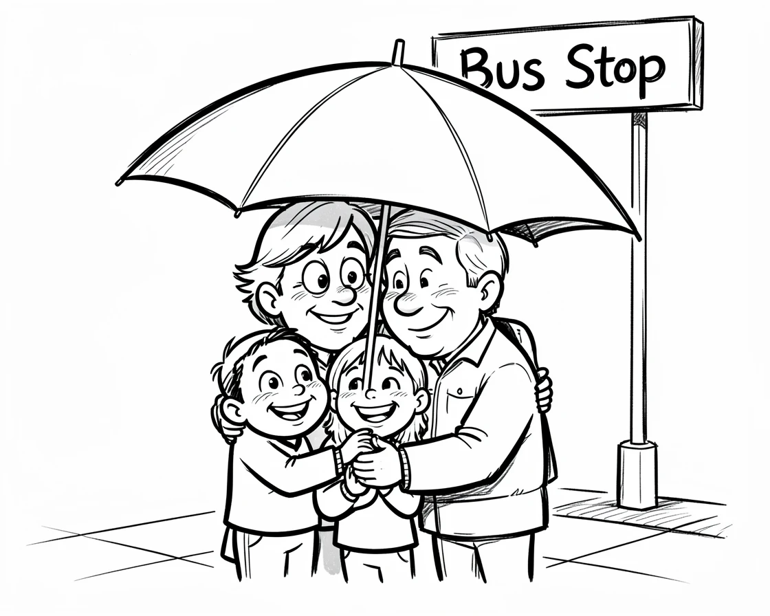 [Family & Relationship Moments] Heartwarming scene of a family huddled under one umbrella waiting for a bus, radiating love and warmth