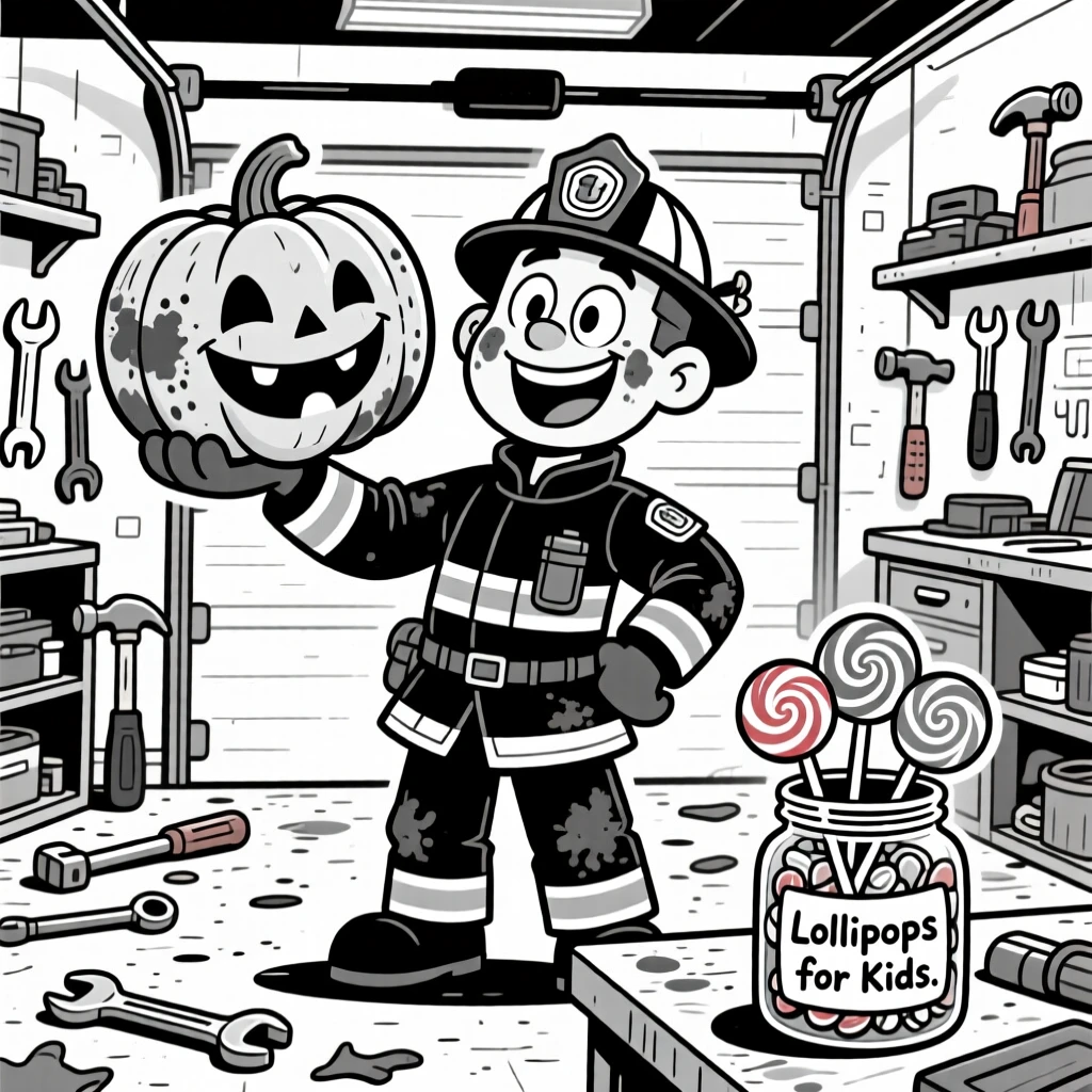 A cheerful firefighter with soot smudges on his cheeks, proudly holding up an oversized prize pumpkin, set in a garage full of scattered tools. A jar of lollipops sits on the counter for kids. There's pride and humor woven into the moment.