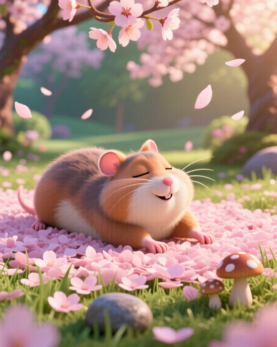 A plump hamster is playing among fallen cherry blossom petals, stretching after a long nap. The mood is soft, tender, and endearing, with a faint smile-like expression.