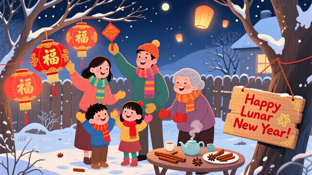 A family gathered together gather in a frosty backyard, hanging paper lanterns for a Lunar New Year celebration, as the scent of cinnamon fills the air.