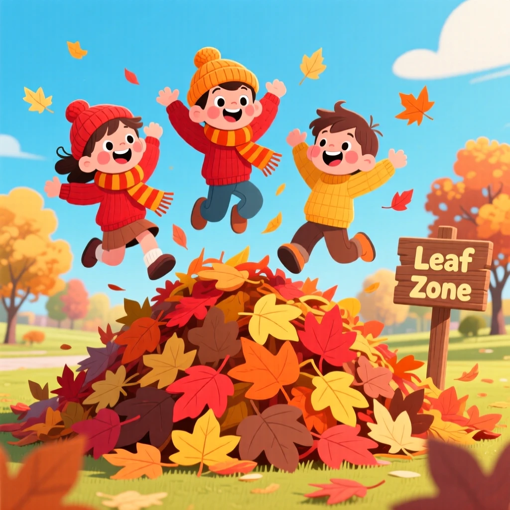 Kids jumping into a giant pile of autumn leaves.
