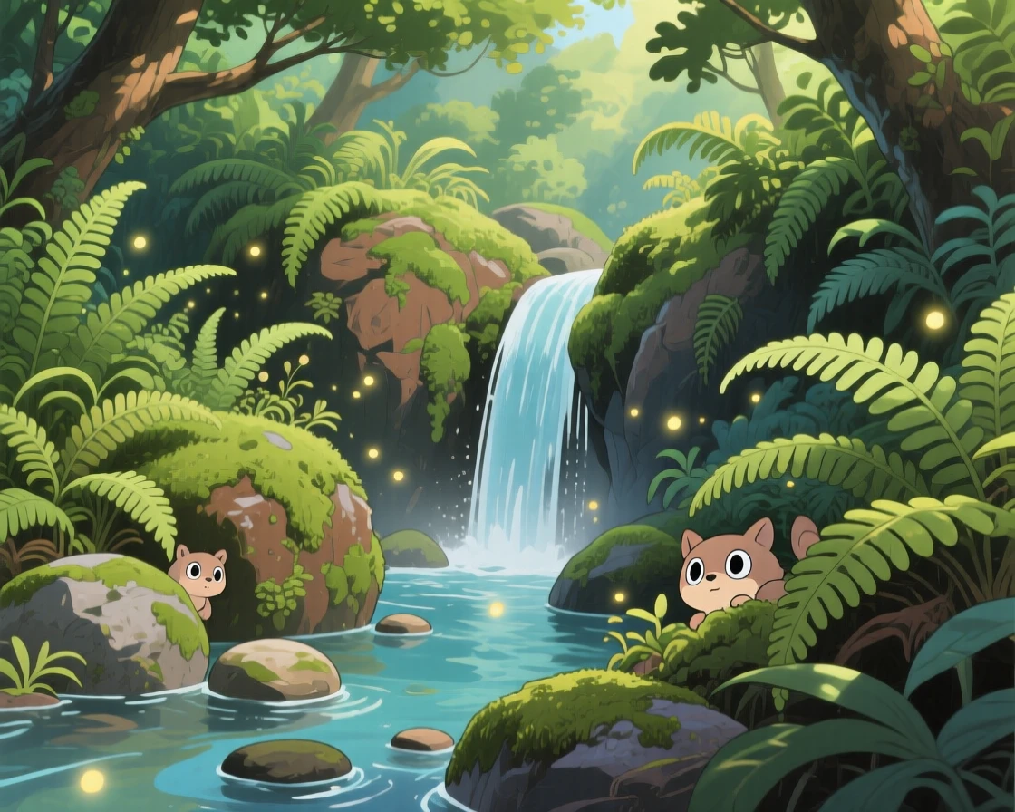 A fern-filled ravine with a small waterfall, a narrow stream trickling over smooth stones, creating a scene of quiet natural magic.