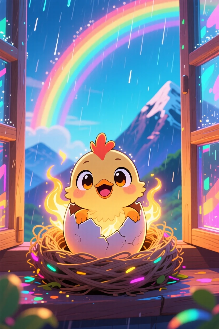 In a mountaintop nest, a phoenix chick is hatching in a burst of gentle golden flame under a rainbow after the rain, bathed in neon-lit glow, expression full of giggling amusement. Shot as a framed through a window.