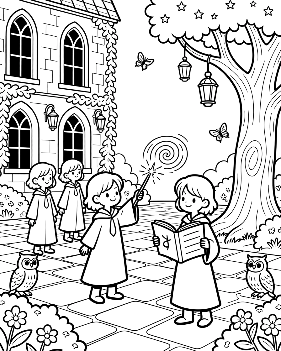 A wizard school with students practicing spells in a courtyard