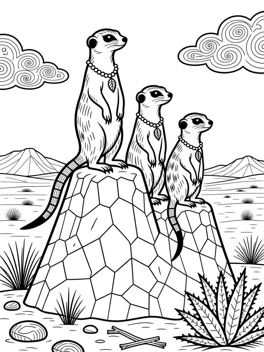 A meerkat family standing sentry atop a termite mound.