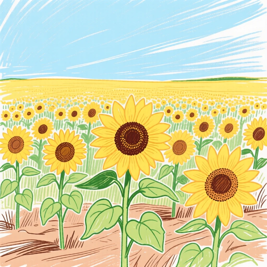 A field of blooming sunflowers under a bright sky.