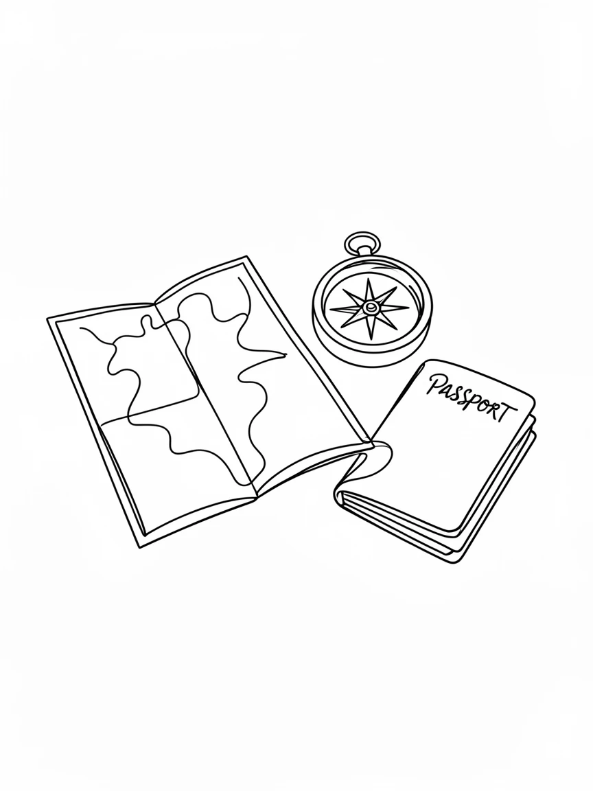A vintage map spread open on a table beside a compass and passport