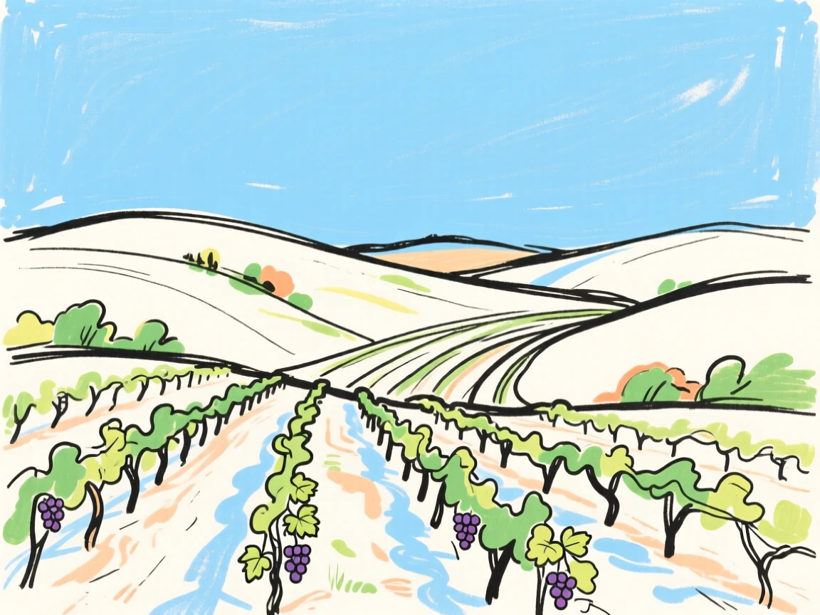 A rolling vineyard stretching across hills beneath a clear blue sky.
