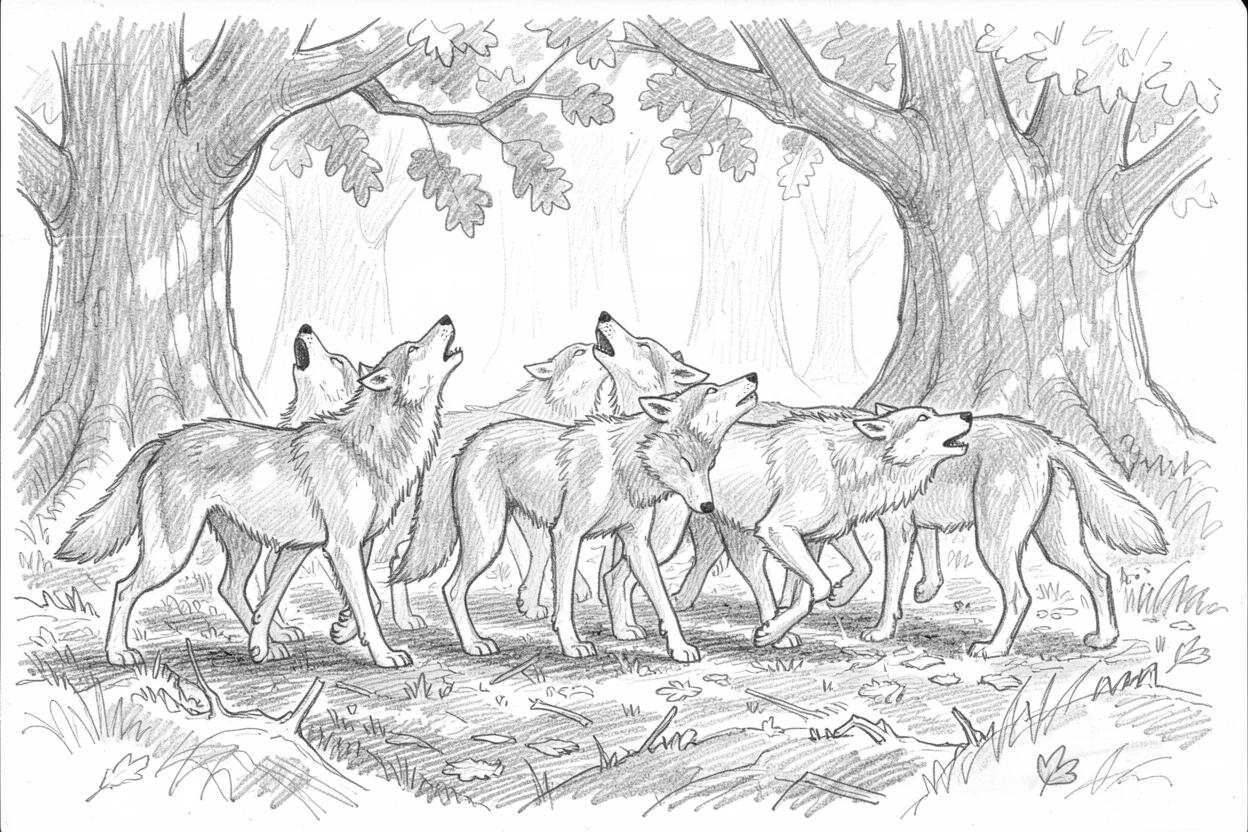 A pack of howling wolves exploring a mossy forest floor, under the dappled shade of oak trees.