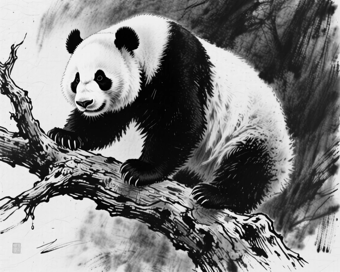 A giant panda perched on a weathered tree branch.