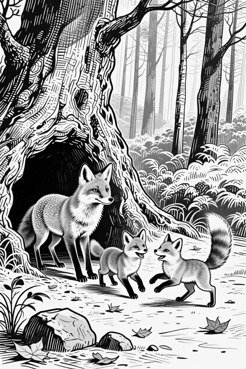A fox family playing outside their den at the edge of a forest.