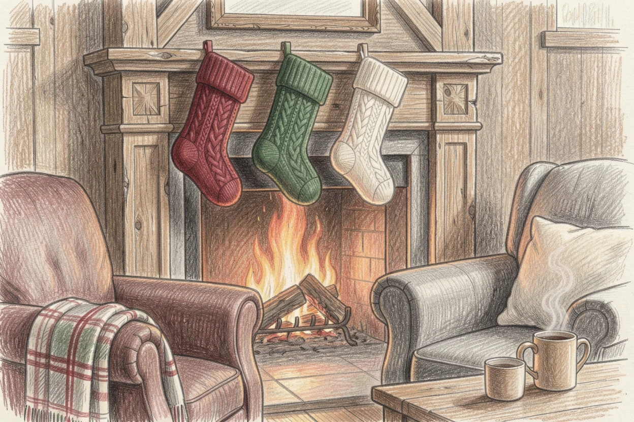 A snug living room with a crackling fire and stockings hung by the mantel, with delicate details in the woodwork and fabric textures, evoking the feeling of a peaceful slow morning at home.