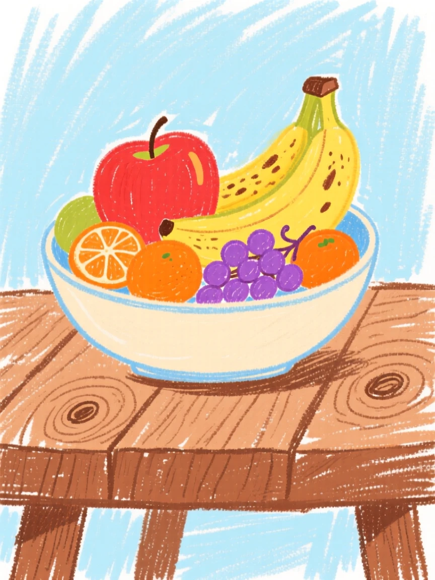 A bowl of fresh fruit resting on a rustic wooden table.