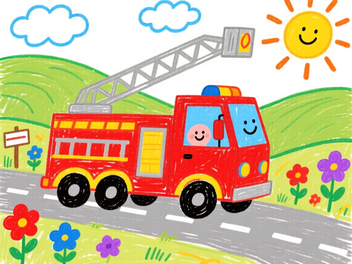 A shiny fire engine ladder truck driving through a sunny countryside.