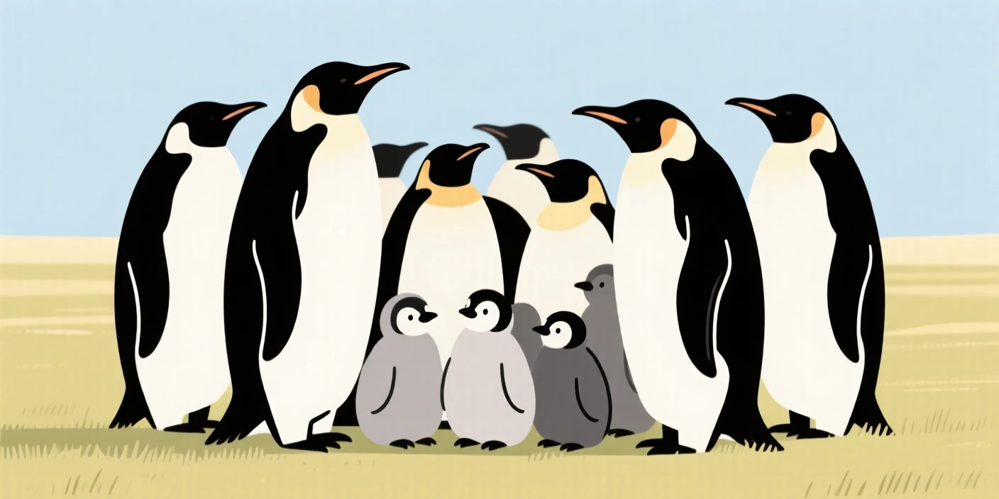 A penguin colony and its young pausing to look around together in a sunlit meadow, expressing gentle curiosity.