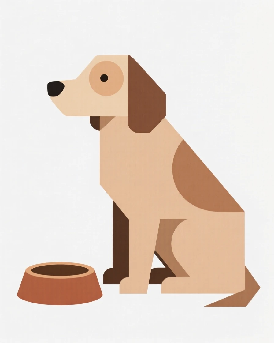A dog sitting patiently by a food bowl