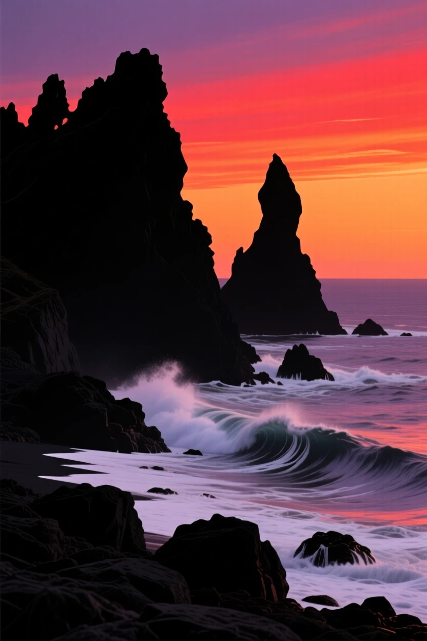 A rugged coastline where waves crash against dark volcanic rock.