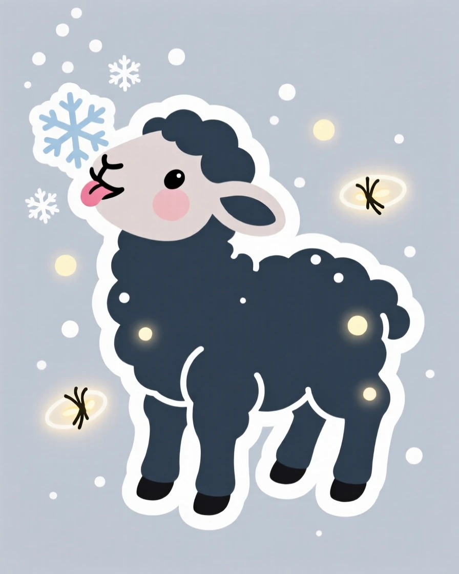 A curious baby lamb catching snowflakes on its tongue, surrounded by softly glowing fireflies.