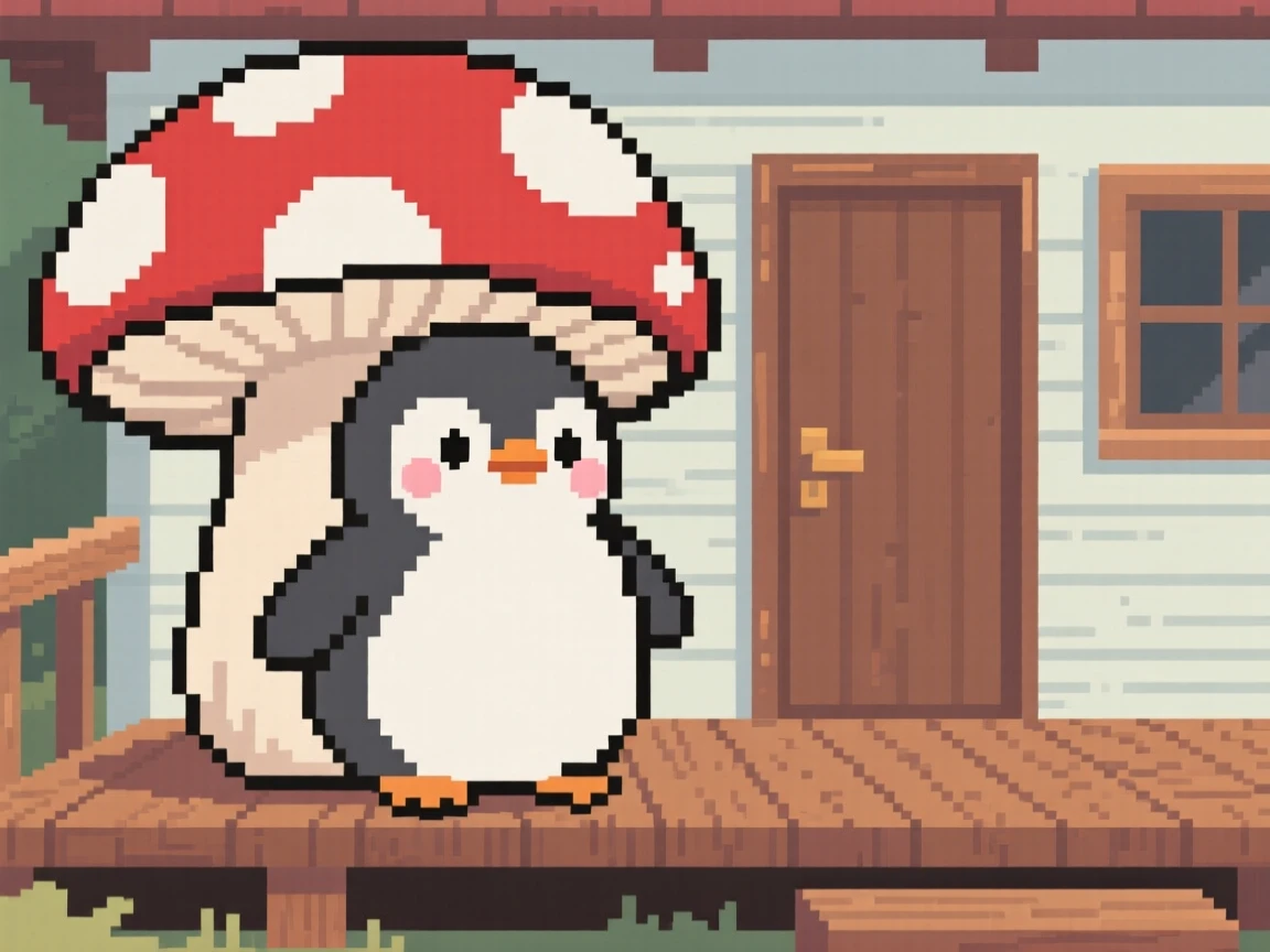 A plump baby penguin peeking out from under a mushroom cap, on the porch of a tiny cottage.