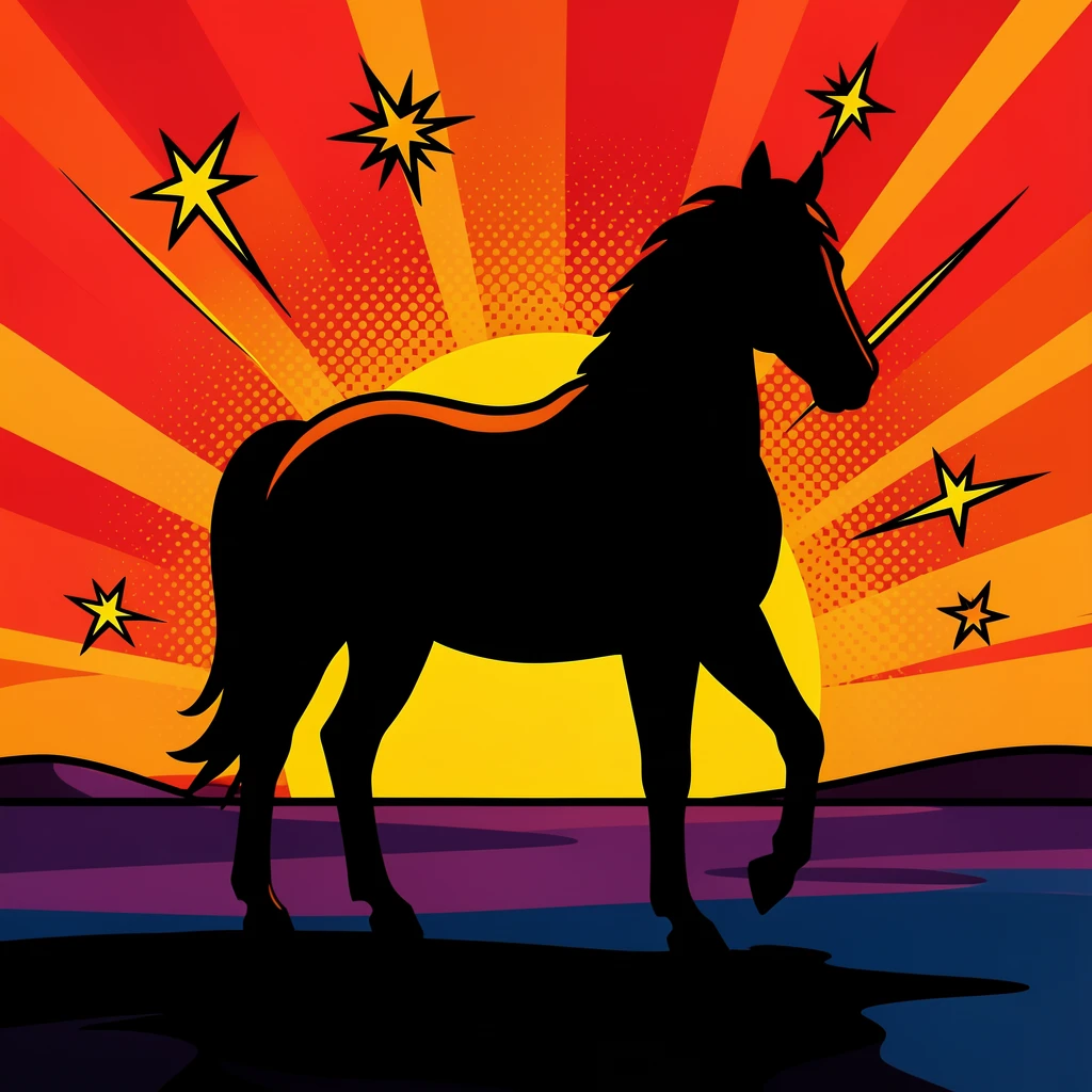 A horse silhouetted against a fiery sunset on open plains