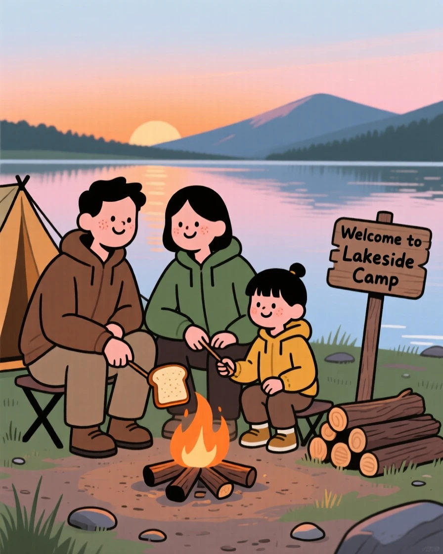 A family sets up camp beside a quiet lake as a soft orange sunset fades behind the mountain ridge, toasting bread on sticks around a small fire.