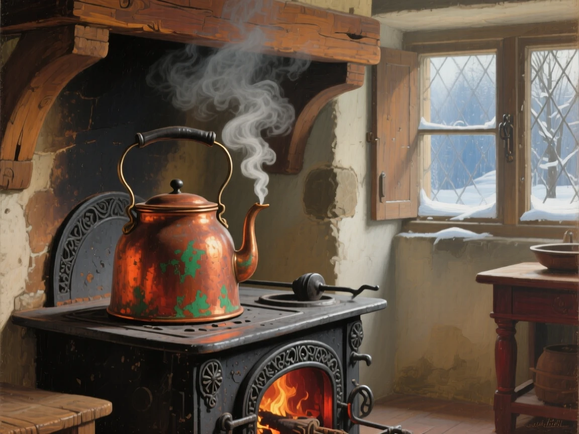 A medium shot of a copper kettle steaming on a wood-burning stove, in the Renaissance period, in the quiet stillness of midwinter.