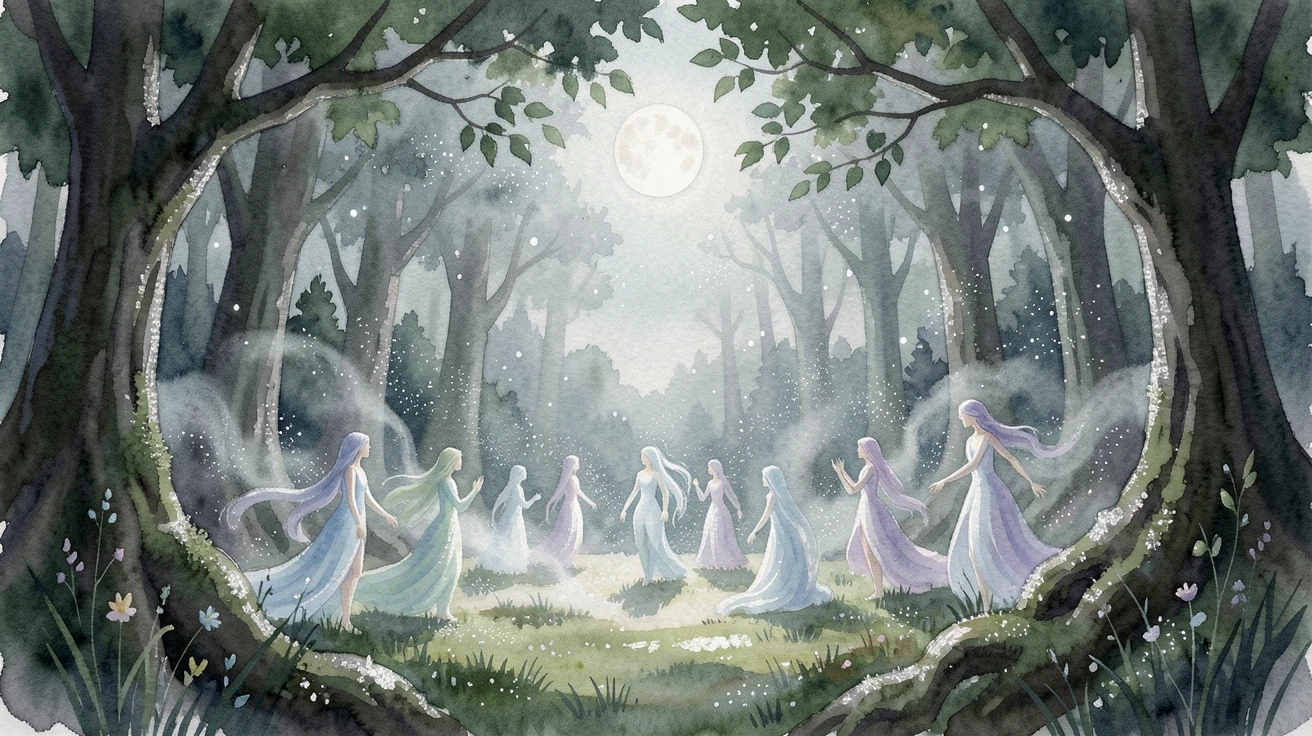 A moonlit clearing where woodland spirits gather surrounded by sparkling mist.