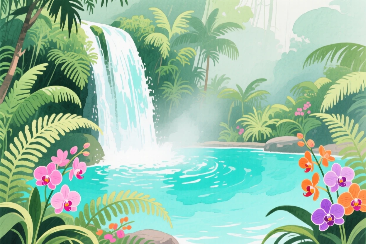 A tropical waterfall pours into a clear turquoise pool surrounded by dense jungle ferns and colorful orchids