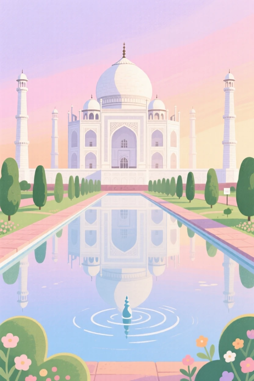 A memorable scene of the Taj Mahal reflected in a still garden pool at dawn.