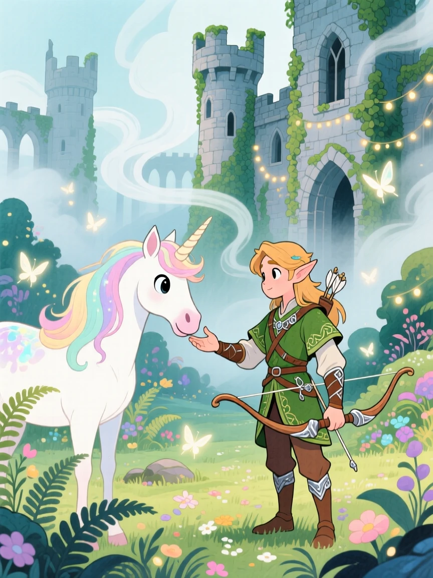 An elven archer befriending a shy unicorn in an enchanted glade, in an ancient castle wrapped in mist, filled with wonder and magical excitement.
