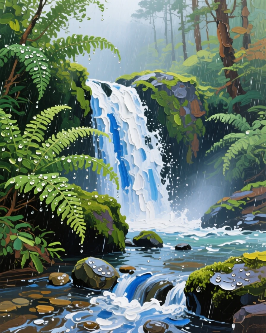 a waterfall hidden behind ferns, after fresh rainfall, with a clear foreground, subject, and distant setting.
