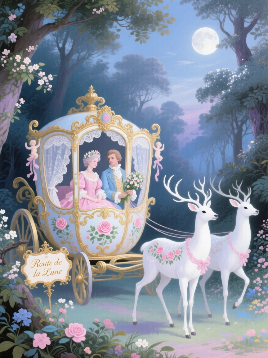 A royal carriage drawn by white deer through a moonlit forest  