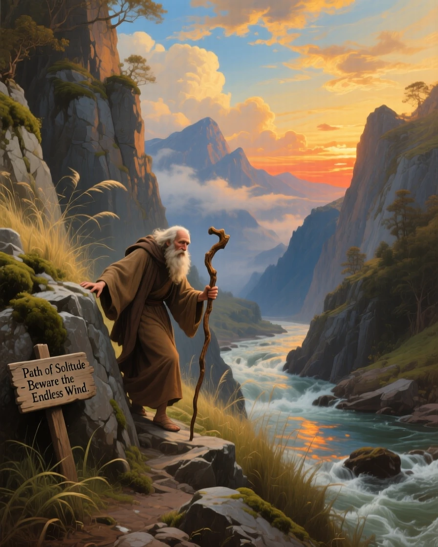 A hermit ascends a steep gorge cut by an ancient river as the wind howls across the ridge.
