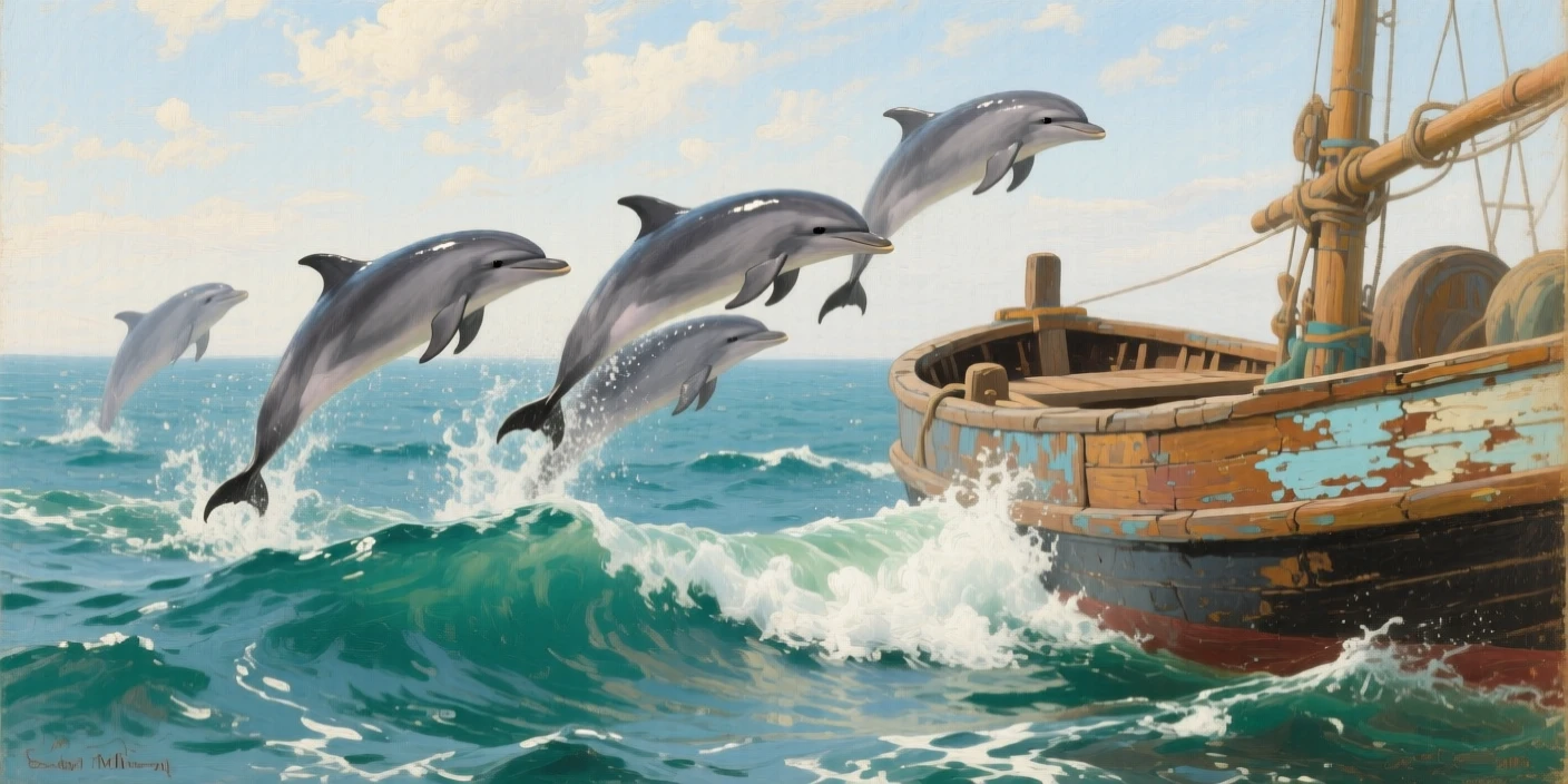 A school of dolphins leaping playfully alongside a boat's wake, its expression conveying an almost human sense of awareness, offering a striking, emotionally resonant wildlife portrait