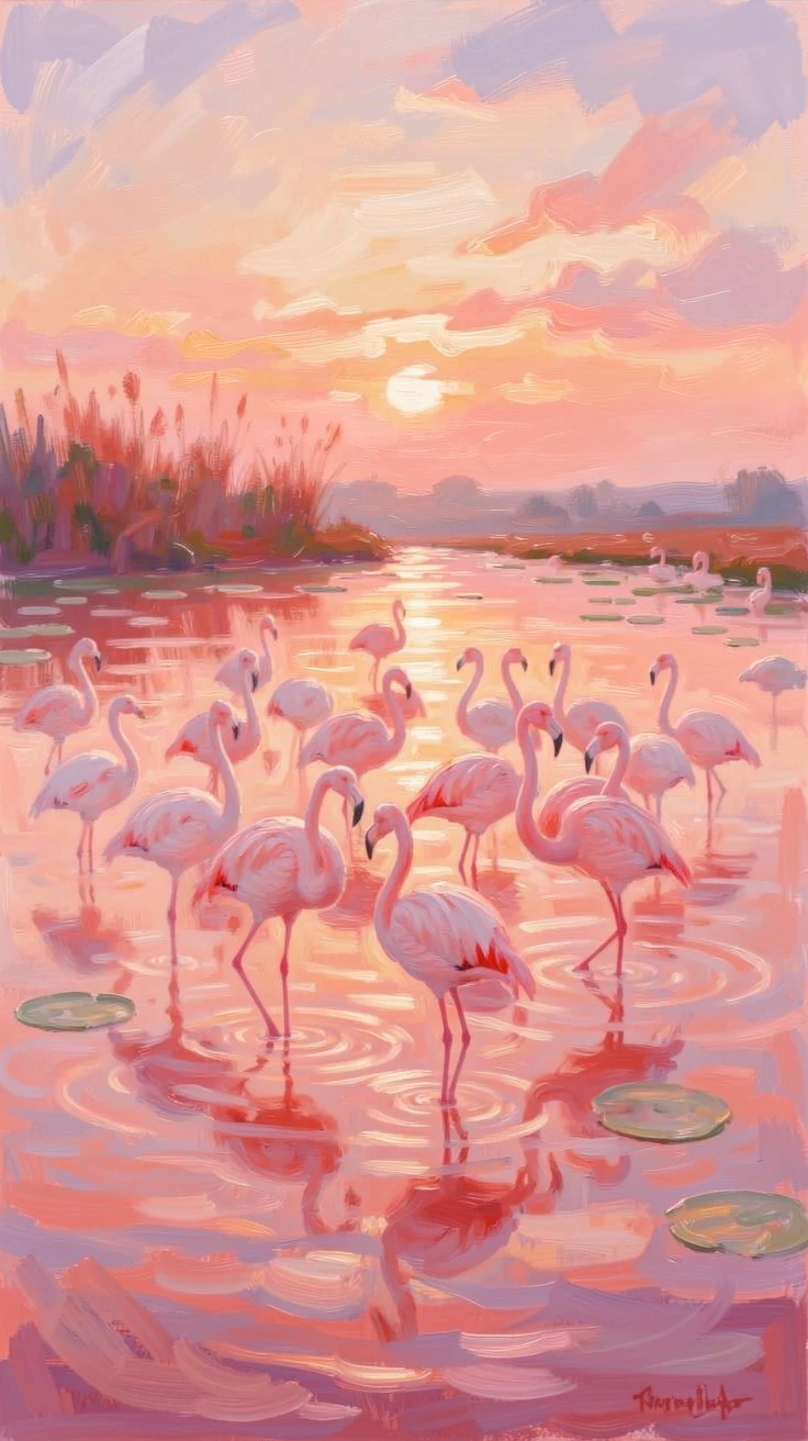 A flock of flamingos wading through a rose-colored lagoon at sunset.