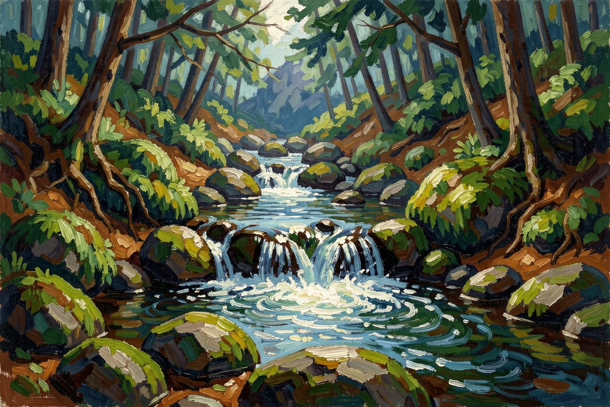 A quiet mountain spring bubbling up among mossy stones in a shaded forest.
