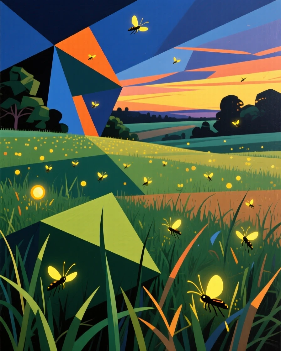 A quiet meadow filled with fireflies glowing softly in the summer twilight.