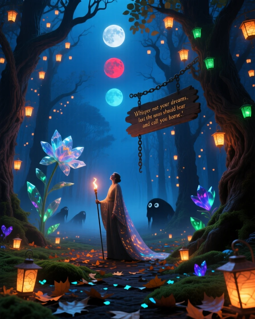 A forest of trees whose leaves are tiny glowing lanterns lies silent under the pale glow of three distant moons, while a lone figure walks quietly through its heart.