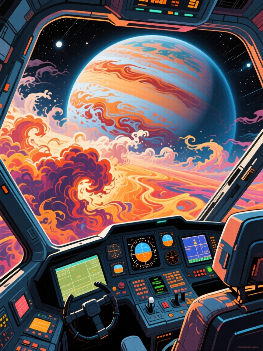 A view from inside a spacecraft cockpit approaching the swirling storms of a massive gas giant
