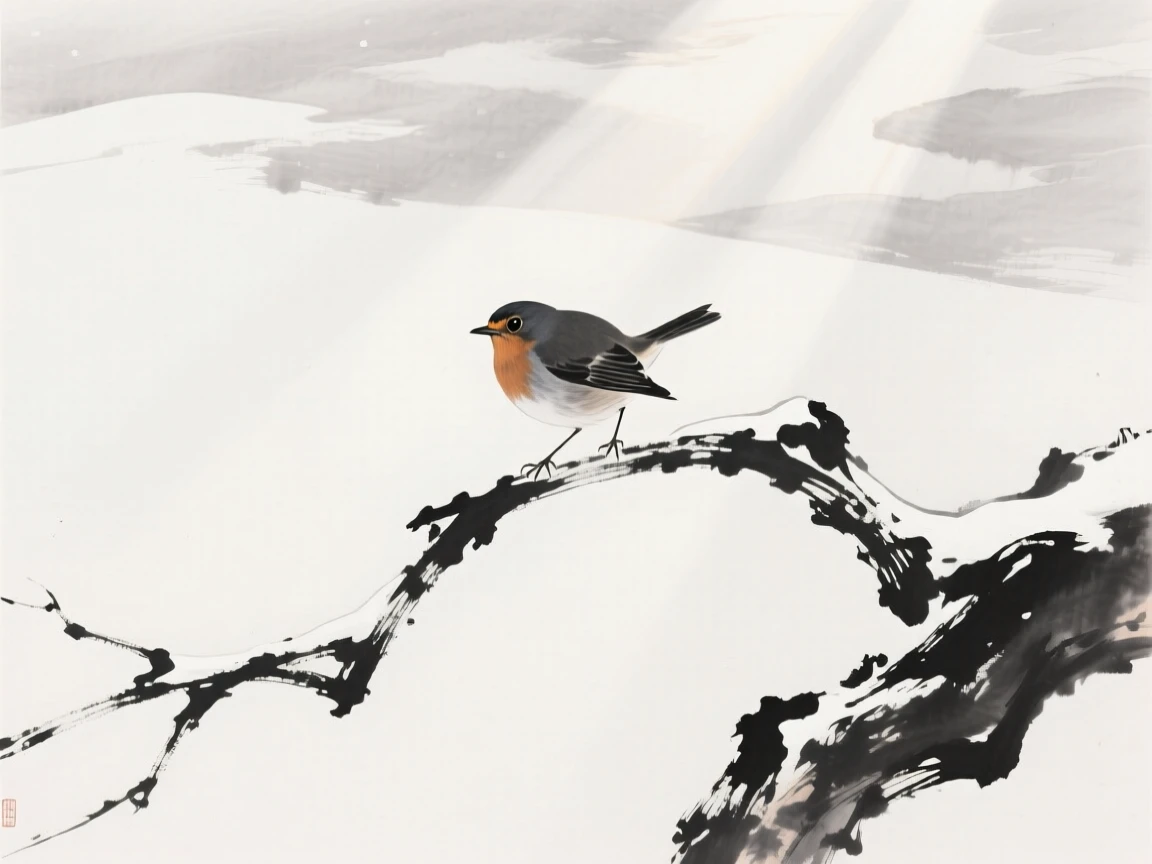 A robin rests on a snow-covered branch, while morning light breaks through the clouds.