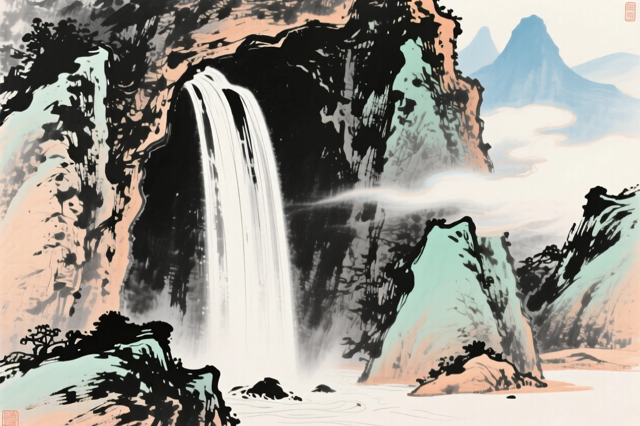 A hidden grotto behind a curtain of falling water, with wisps of cloud drifting slowly through the peaks, full of quiet reverence, at midday.