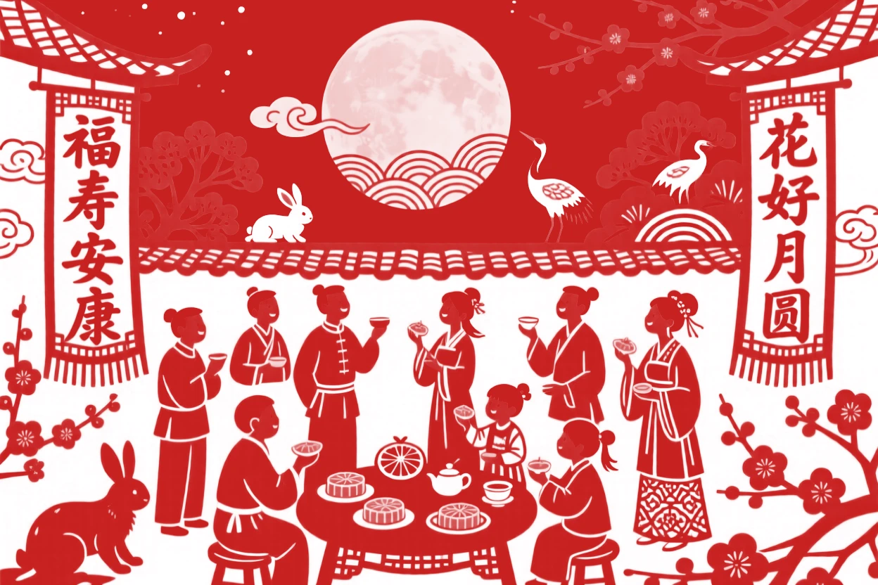 A scene of a rooftop moon-viewing gathering, crowded with cheerful visitors sampling festival treats, with banners embroidered with characters of good fortune.