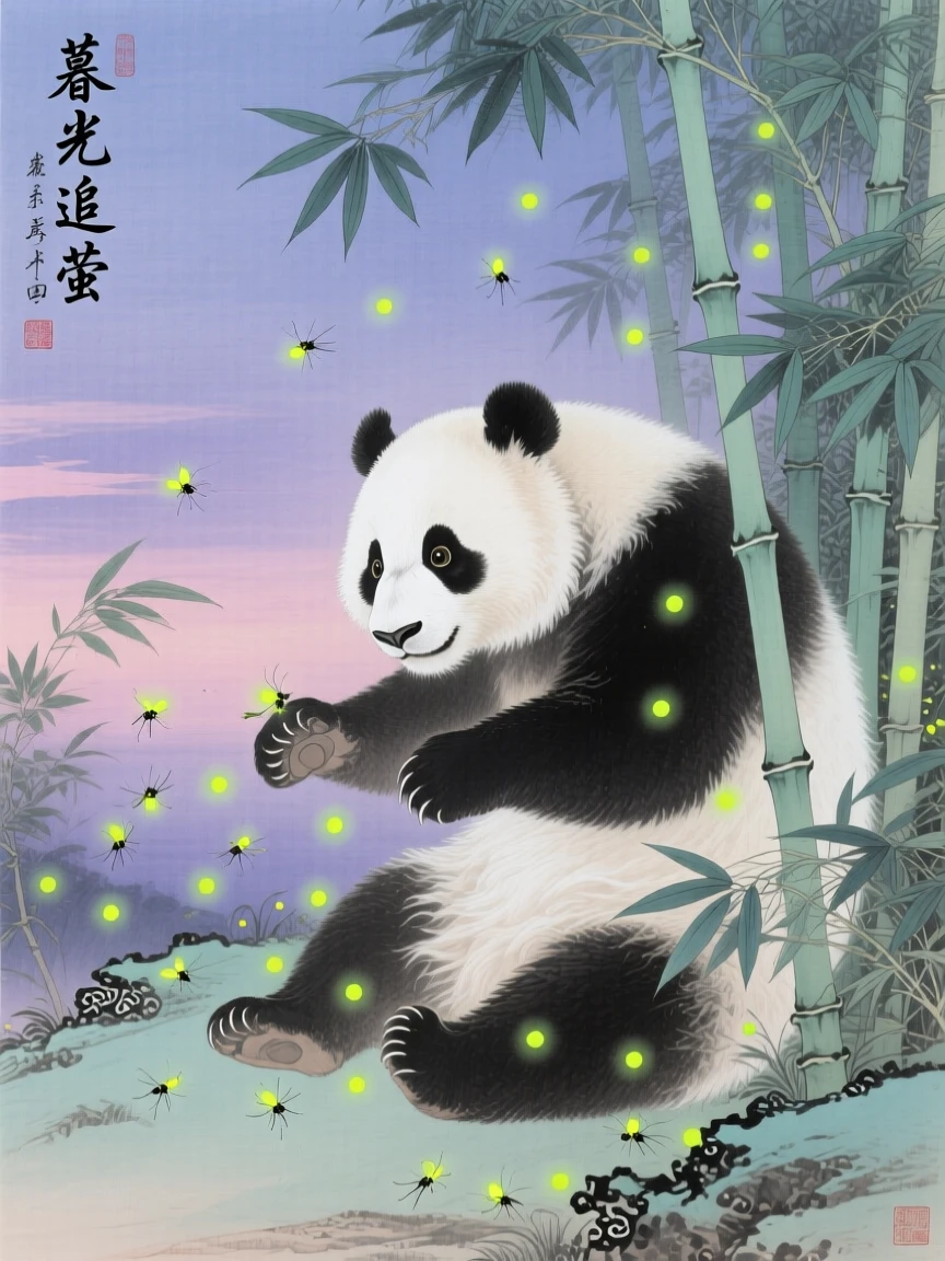 A giant panda chasing fireflies at twilight